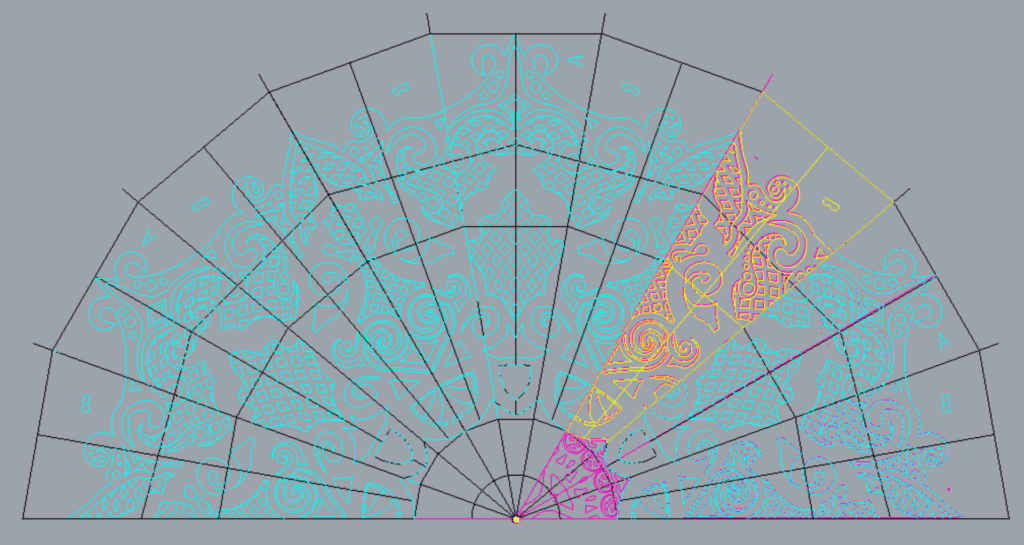 Three pieces repeated and mirrored to make a complex design. Open this in lightbox to see animation